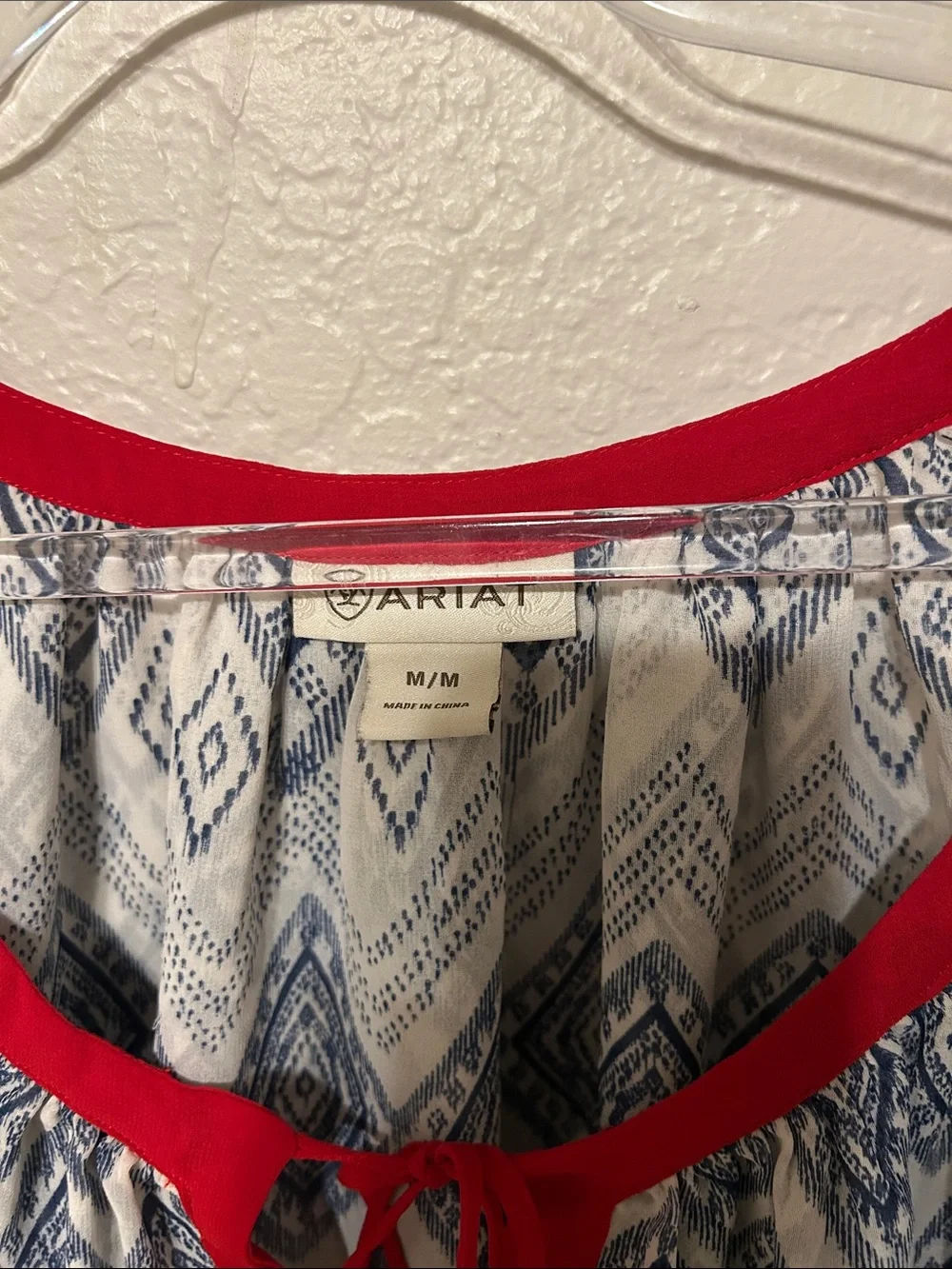🧩ARIAT Boho Printed Peasant Top bell sleeve with Red Trim size M GUC